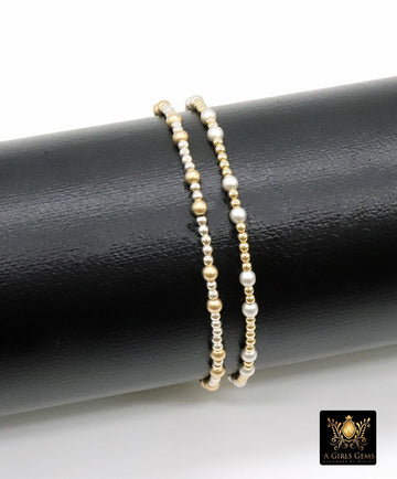 14K Gold Filled Matte Beaded Bracelet, 925 Sterling Silver Mixed Metal Stretchy Women's Bangle, Stacking Bracelets, Hand Made Stacks